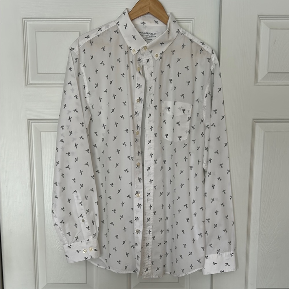 Banana Republic White Bird Patterned Men's Shirt XL Camden Standard Fit